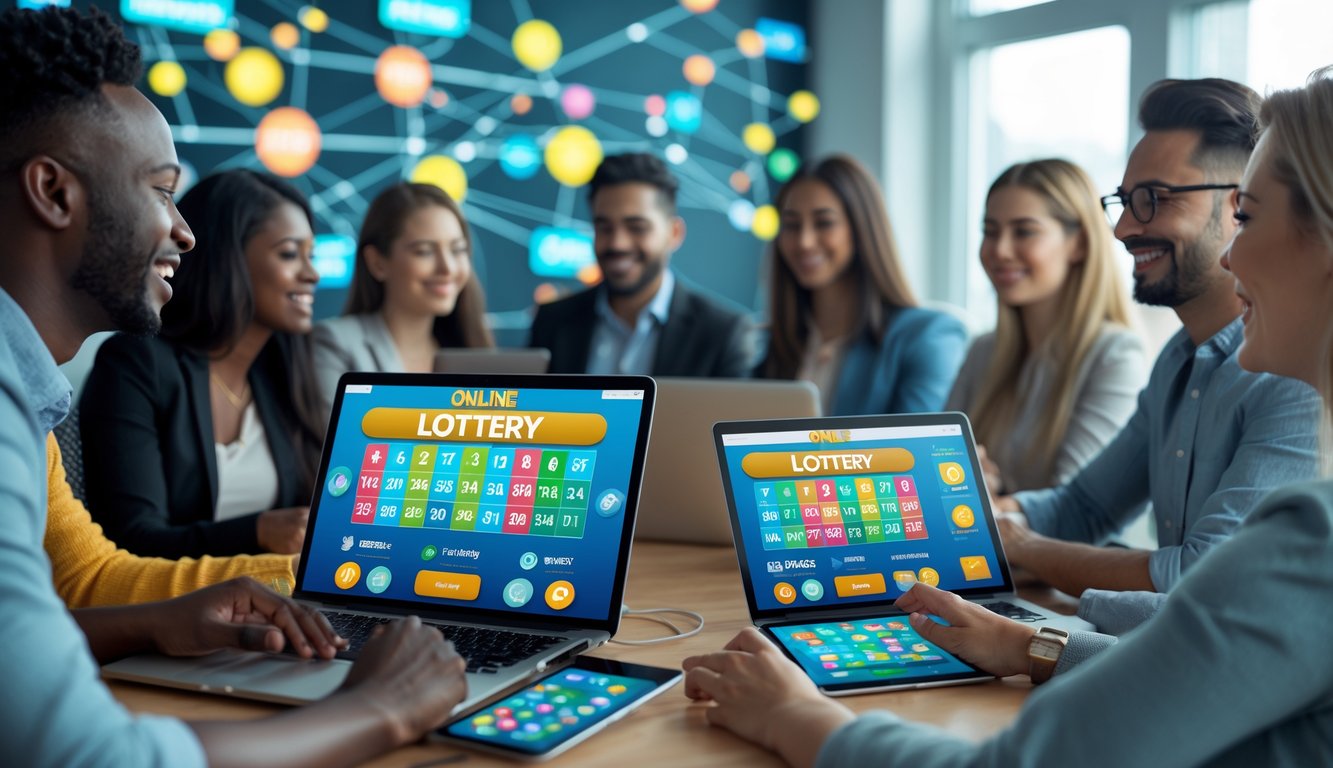 Beberapa orang menggunakan perangkat elektronik di ruangan modern sambil bermain togel online dengan ekspresi antusias.