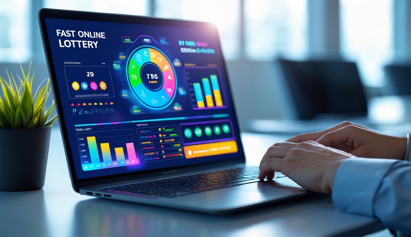 Seorang pengguna mengoperasikan laptop dengan layar menampilkan hasil togel online cepat dan statistik lengkap dalam lingkungan kerja modern.