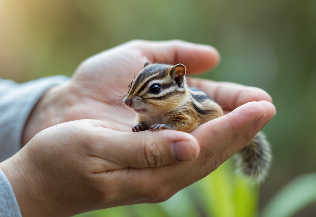 A small baby chipmunk being gently held in a person's hand with a blurred green natural background.