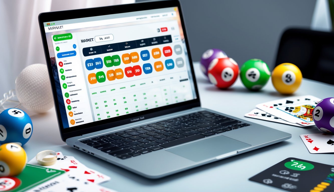 Sebuah laptop di meja kerja menampilkan antarmuka lotere online dengan bola lotere berwarna-warni dan kartu bermain di sekitarnya.
