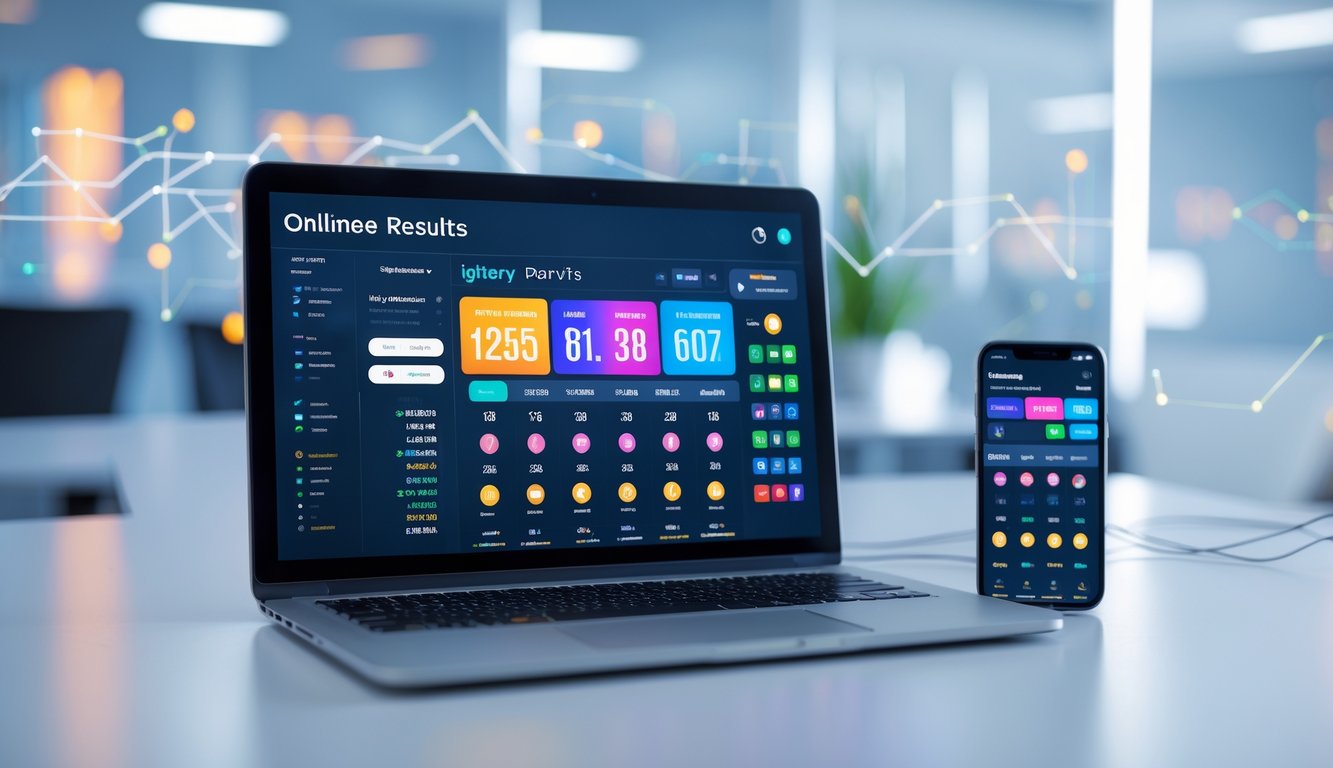 Seorang profesional menggunakan laptop dan ponsel untuk melihat hasil togel online secara real time di ruang kerja modern.