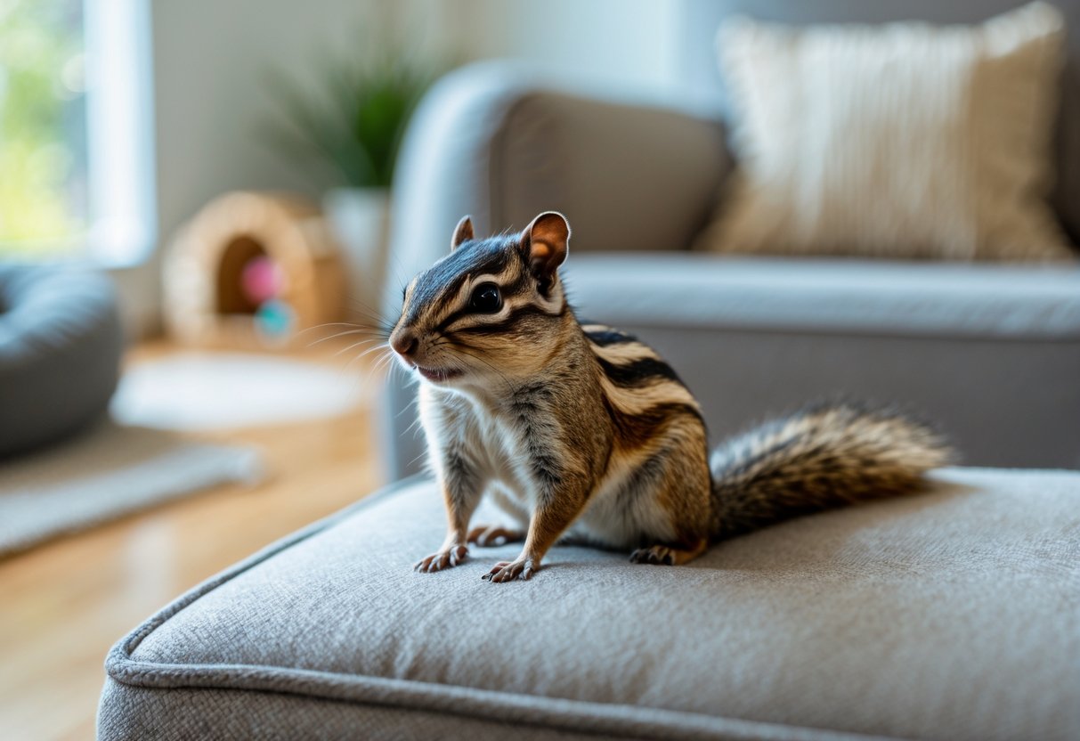 A chipmunk sitting on a sofa cushion in a bright living room with pet toys and a pet bed nearby.