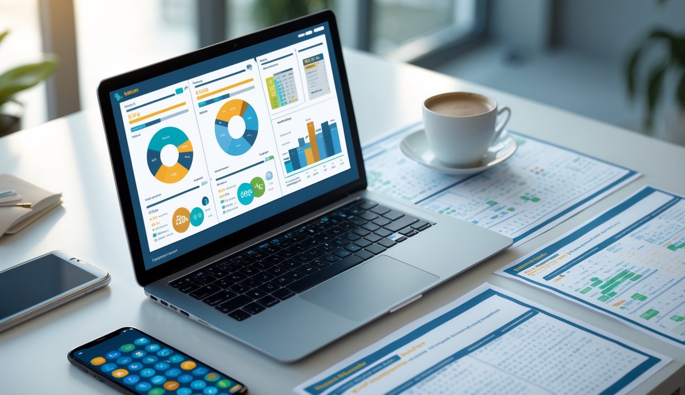 Meja kerja dengan laptop yang menampilkan grafik dan data statistik togel, kertas dengan tabel prediksi, dan ponsel di latar belakang.