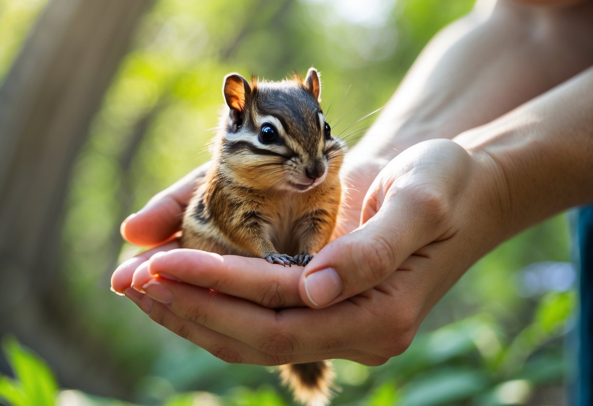 A person gently holding a small chipmunk outdoors in a natural forest setting.