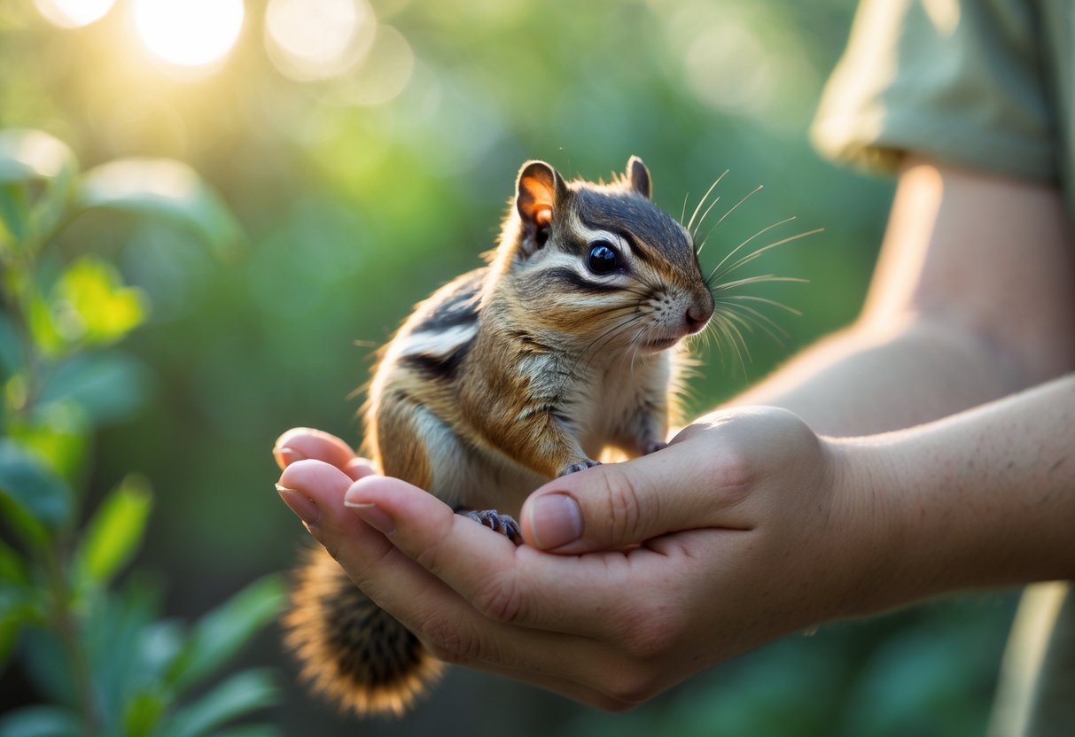 A person gently holding a small chipmunk outdoors surrounded by green foliage.