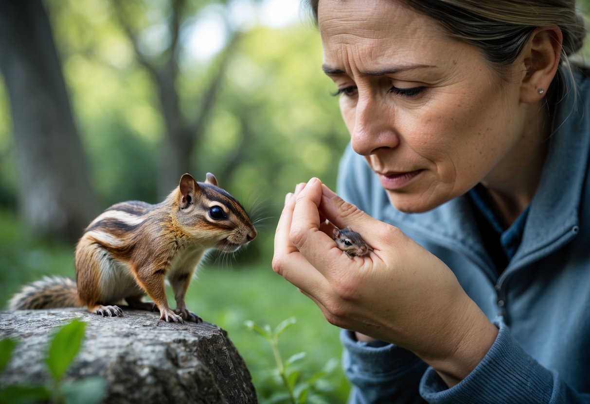 An adult outdoors examining a small bite on their hand while a chipmunk sits nearby on a rock.