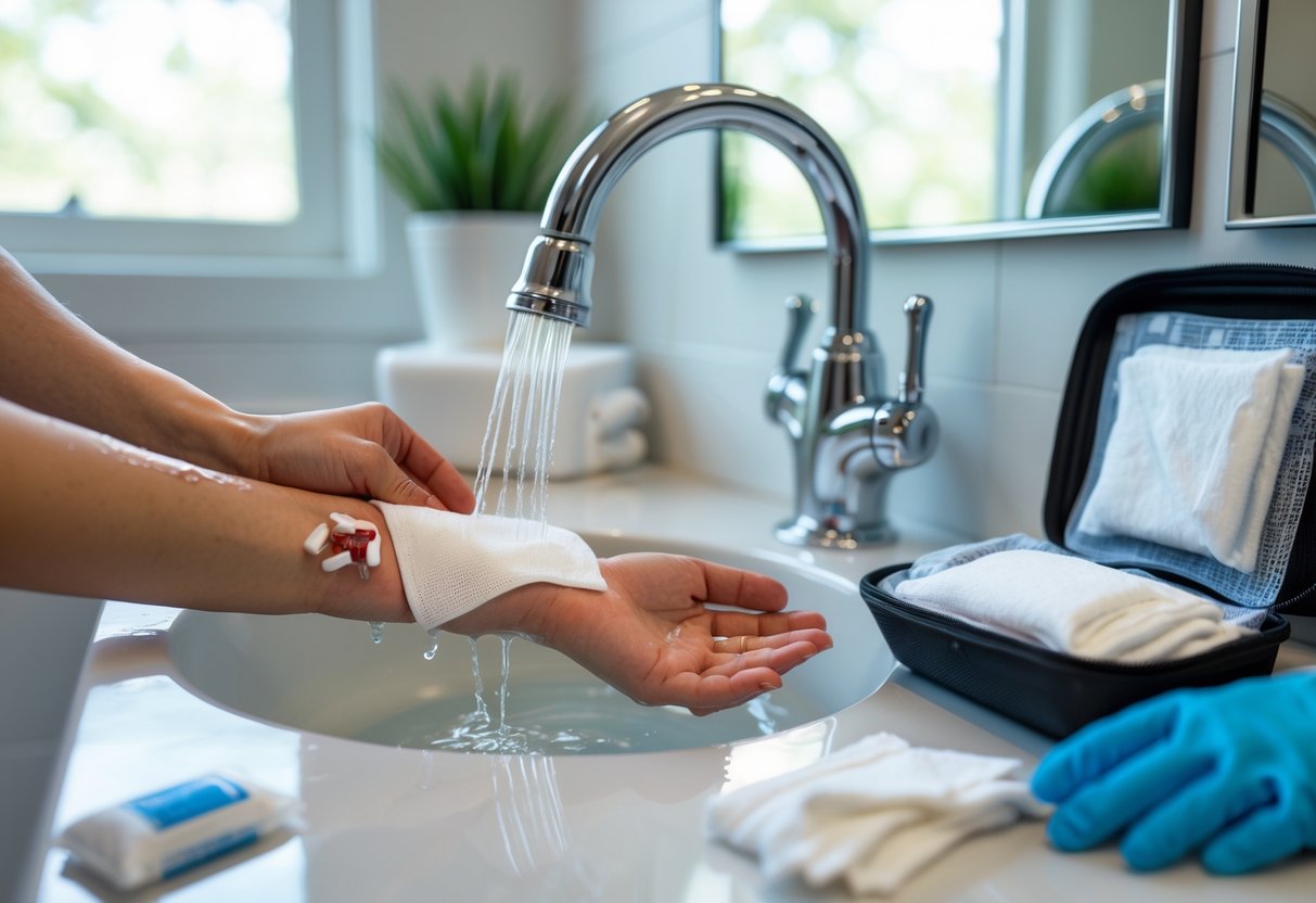 A person washing and treating a small bite wound on their forearm at a bathroom sink with a first aid kit nearby.