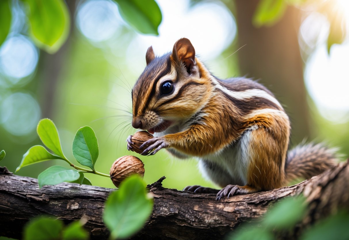 A chipmunk sitting on a tree branch nibbling on a nut in a forest setting.