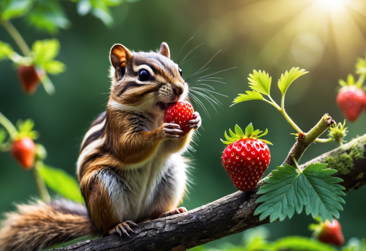A chipmunk sitting on a tree branch holding and eating a strawberry surrounded by green leaves.