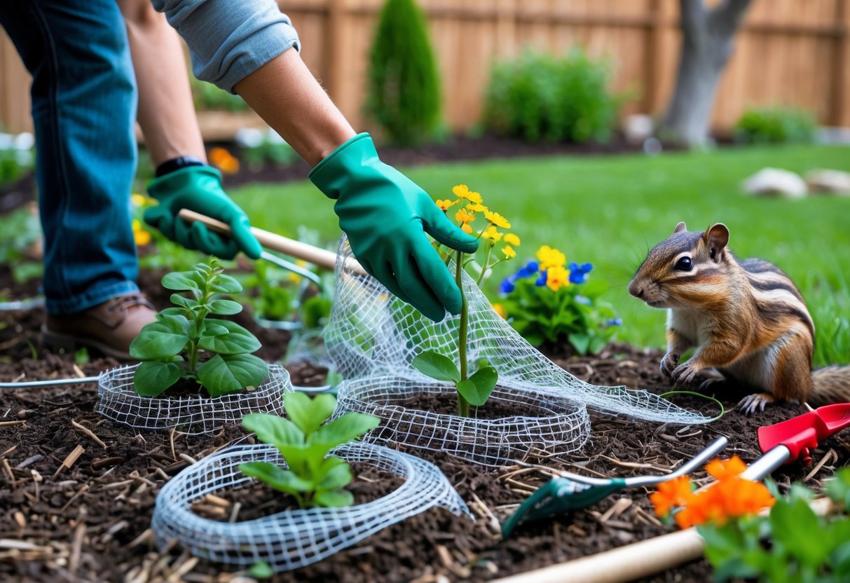 A person placing protective mesh around plants in a garden while a chipmunk is nearby on a tree branch.