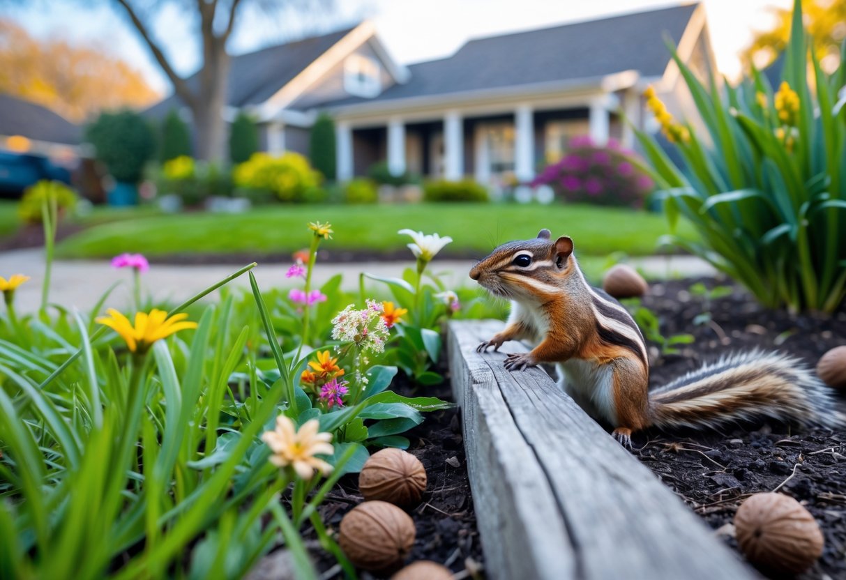 A chipmunk sitting on a wooden fence post in a backyard garden with grass, flowers, and a house in the background.