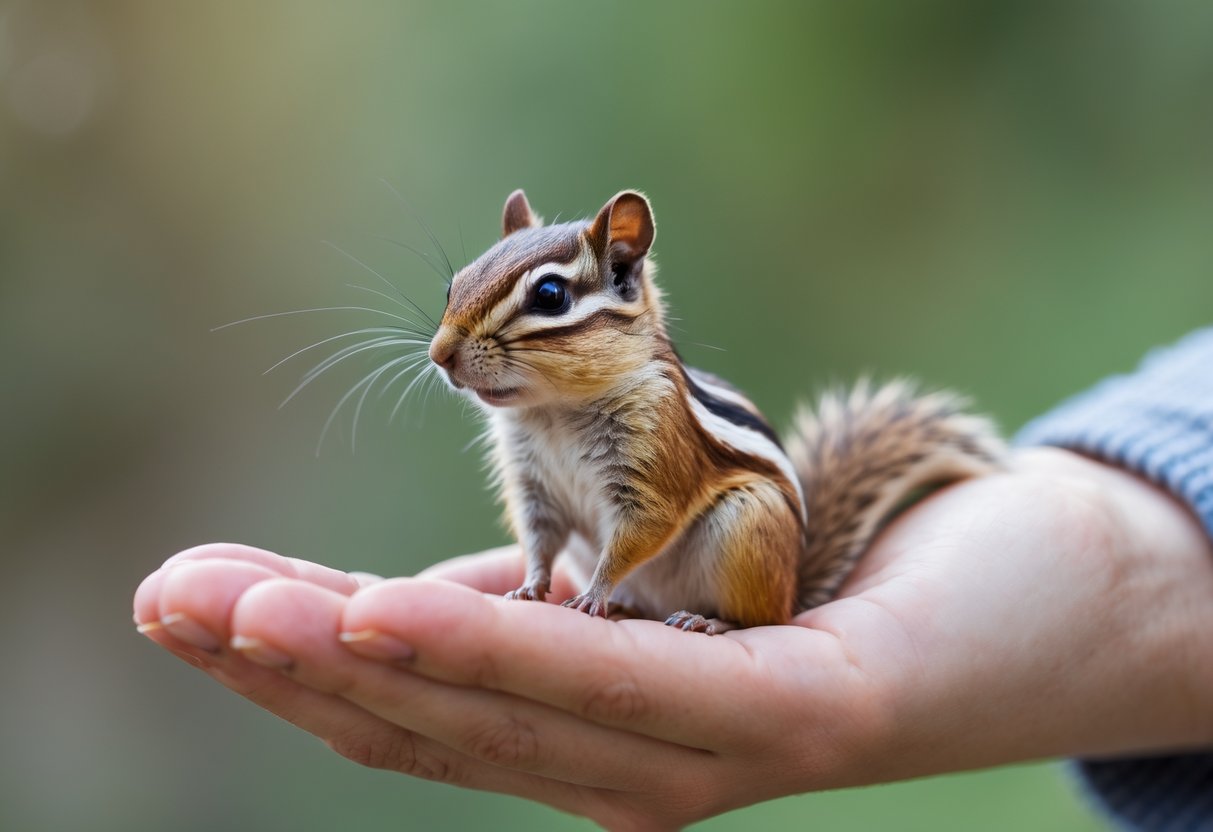 A chipmunk sitting calmly on a person's outstretched hand outdoors.