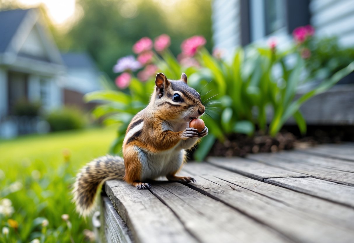 A chipmunk sitting on a wooden deck near a house, nibbling on a nut with a garden in the background.