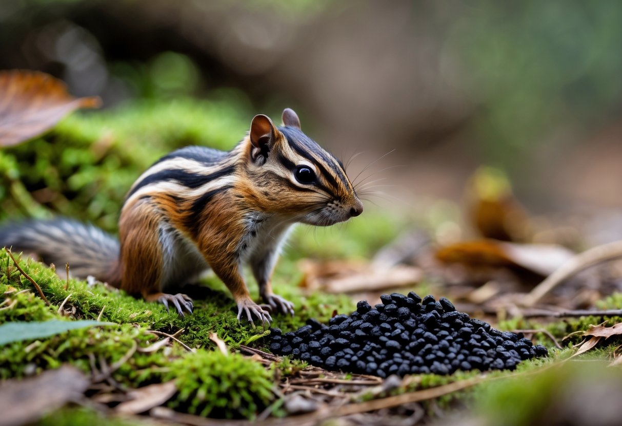 A chipmunk sitting on a forest floor near small droppings among moss and leaves.