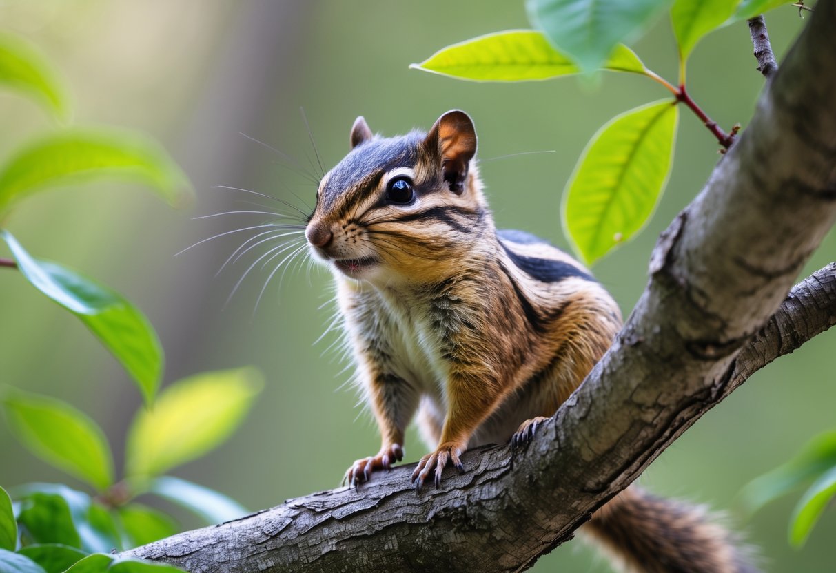 A chipmunk sitting on a tree branch surrounded by green leaves in a forest.