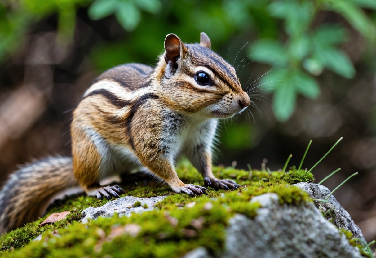 A chipmunk sitting on a mossy rock surrounded by green plants in a natural outdoor environment.