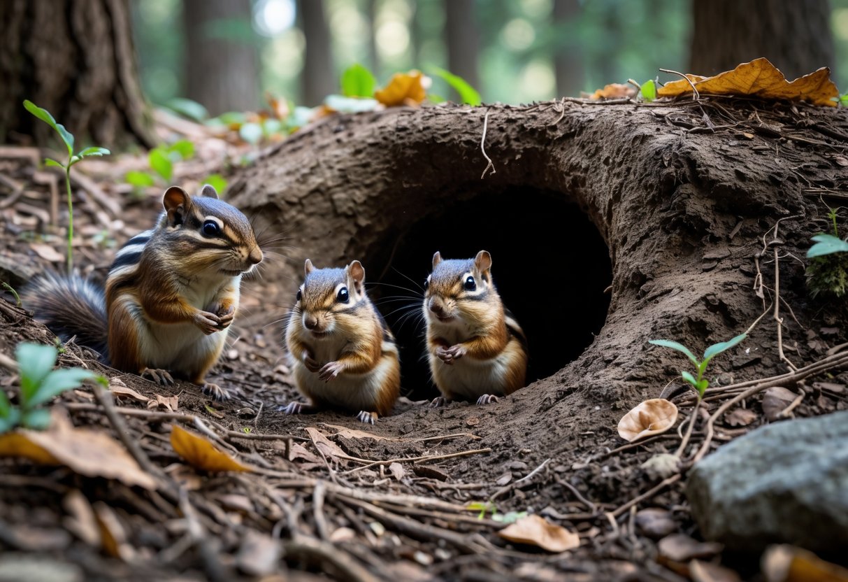 Three chipmunks near the entrance of a burrow in a forest setting.