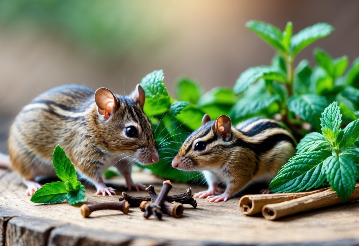 A mouse and a chipmunk near mint leaves and cloves, appearing cautious and avoiding the plants.