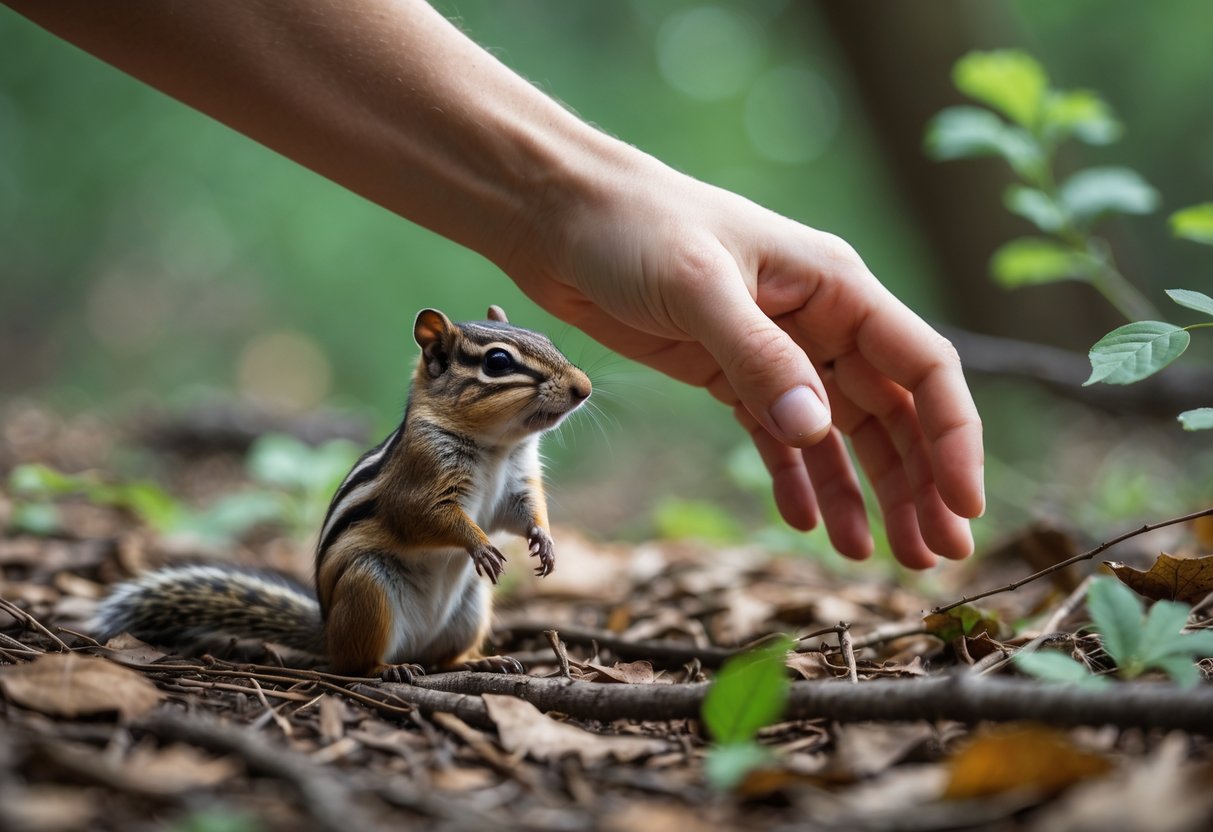 A person’s hand reaching out gently towards a small chipmunk sitting on the forest floor.