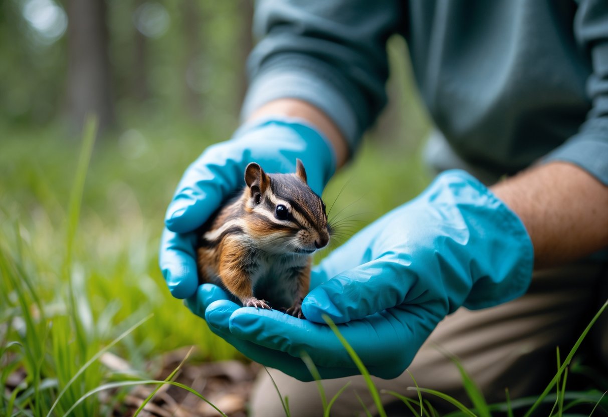 A person wearing protective gloves gently holding a chipmunk outdoors in a natural setting.