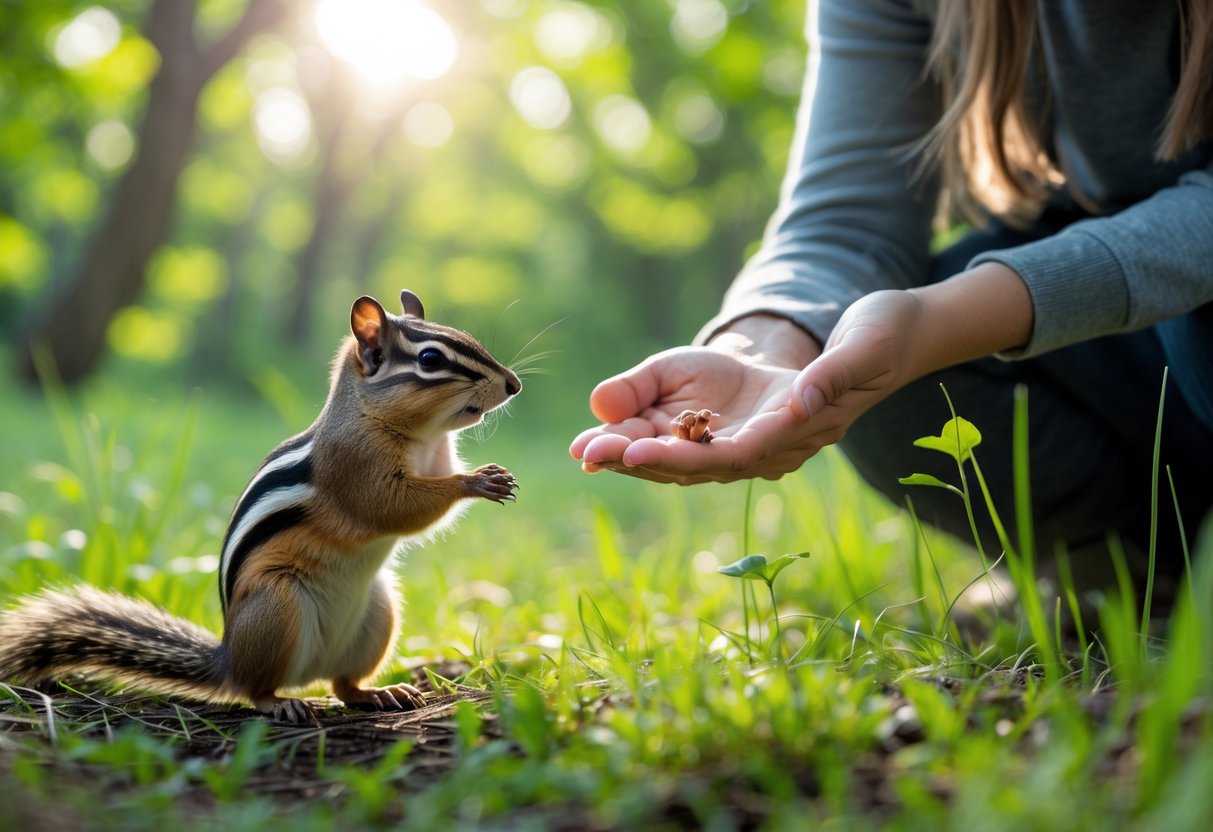A person gently feeding a chipmunk in a sunlit forest clearing.