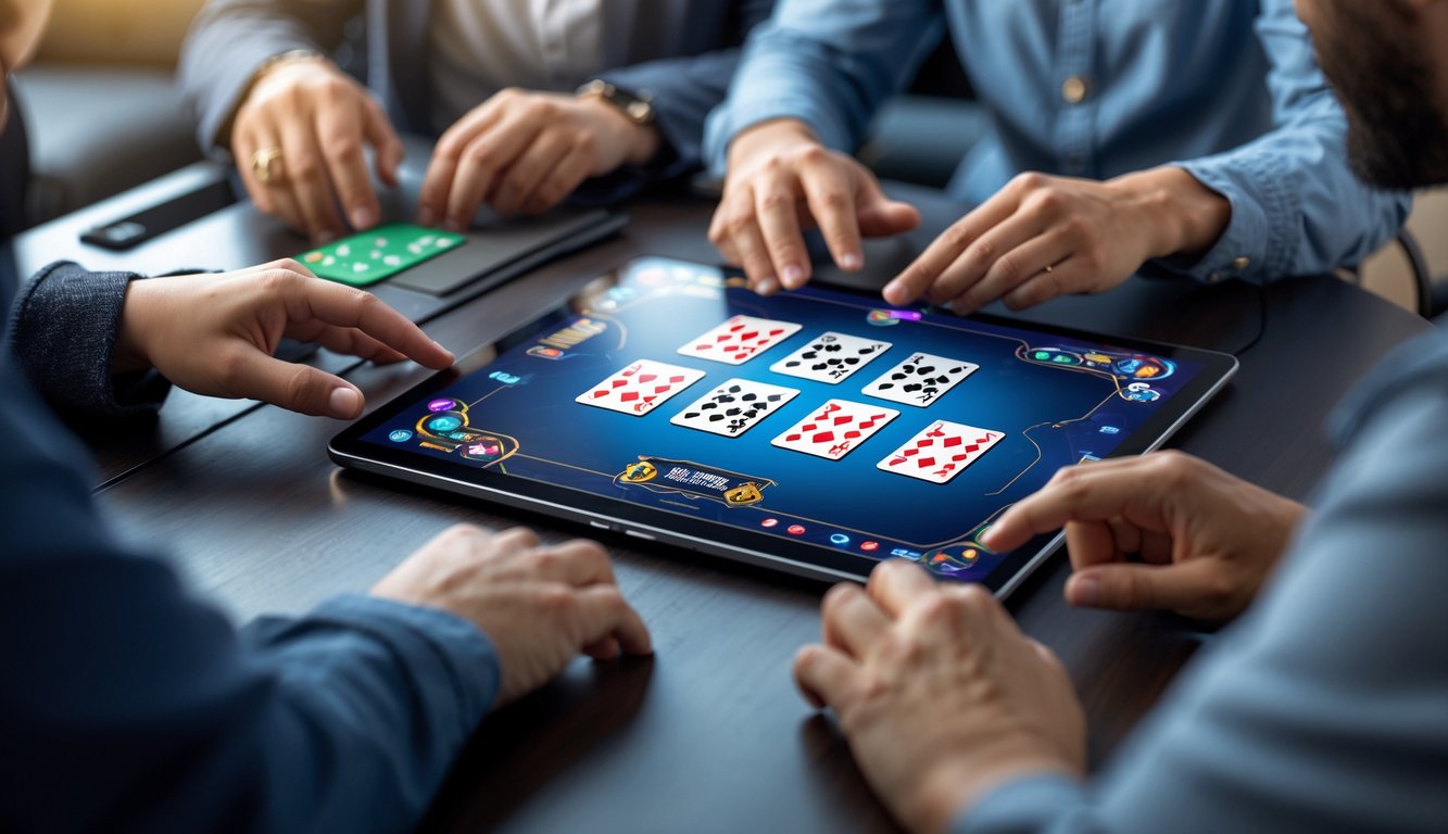 Orang-orang bermain Capsa online di meja permainan digital dengan kartu yang berwarna-warni.