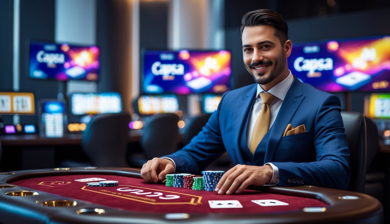 Seorang dealer profesional di meja permainan Capsa modern dengan layar digital di latar belakang.