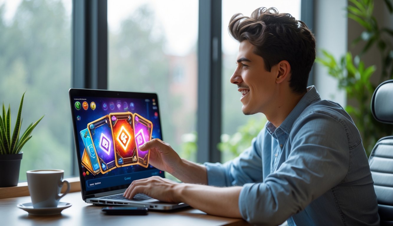 Seorang dewasa muda sedang bermain permainan kartu online di laptop di ruang kerja rumah yang nyaman.