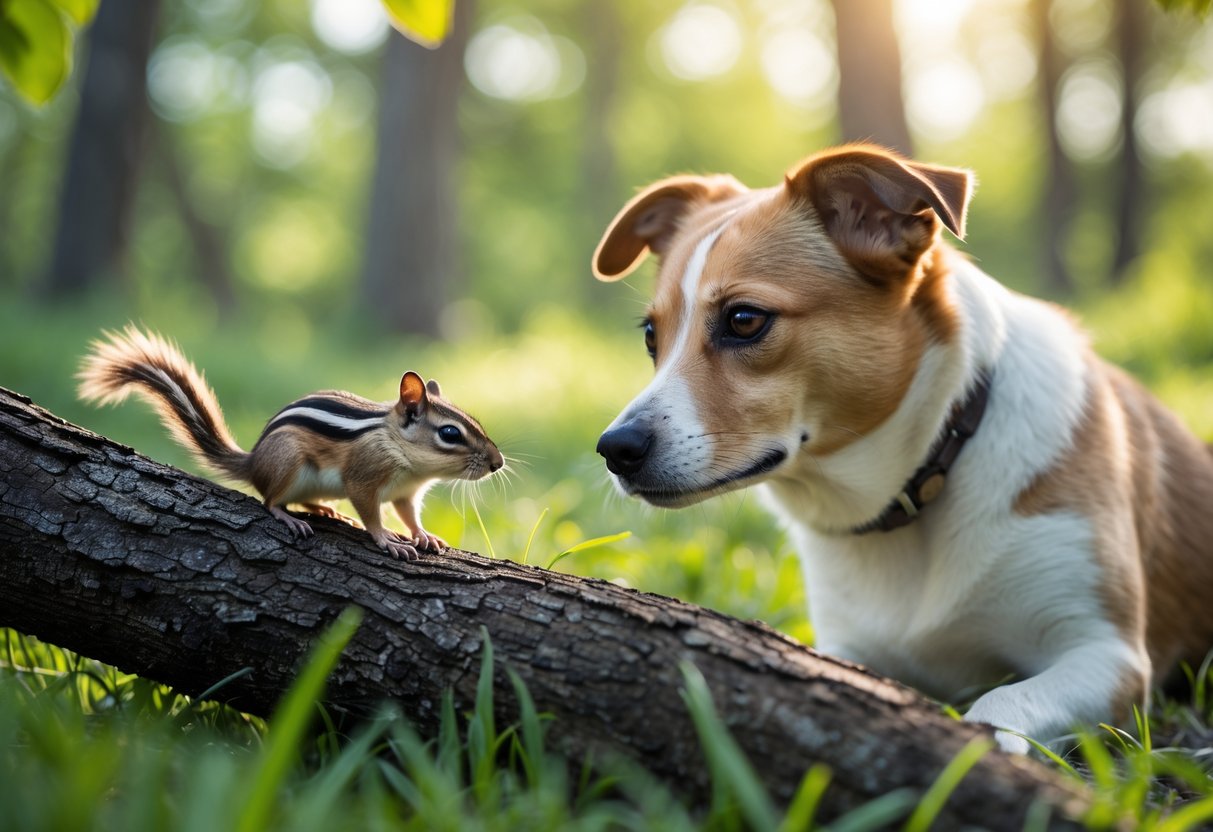 A chipmunk on a tree branch looking at a calm dog sitting on grass in a sunlit forest.
