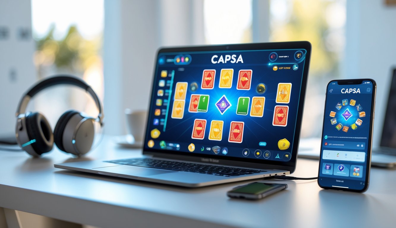 Seorang pengguna bermain permainan kartu Capsa secara online di laptop dan ponsel di meja kerja yang rapi.