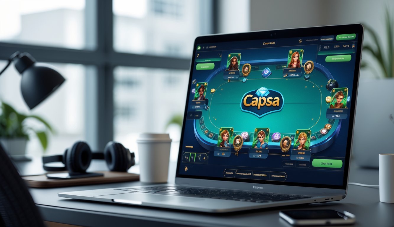 Layar komputer menampilkan antarmuka permainan Capsa online dengan beberapa pilihan meja permainan di ruang kerja modern.
