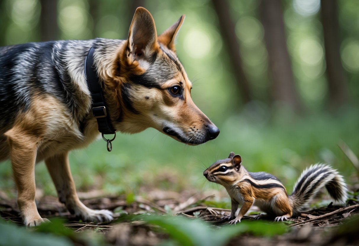 A dog looking curiously at a chipmunk on a forest floor surrounded by greenery.