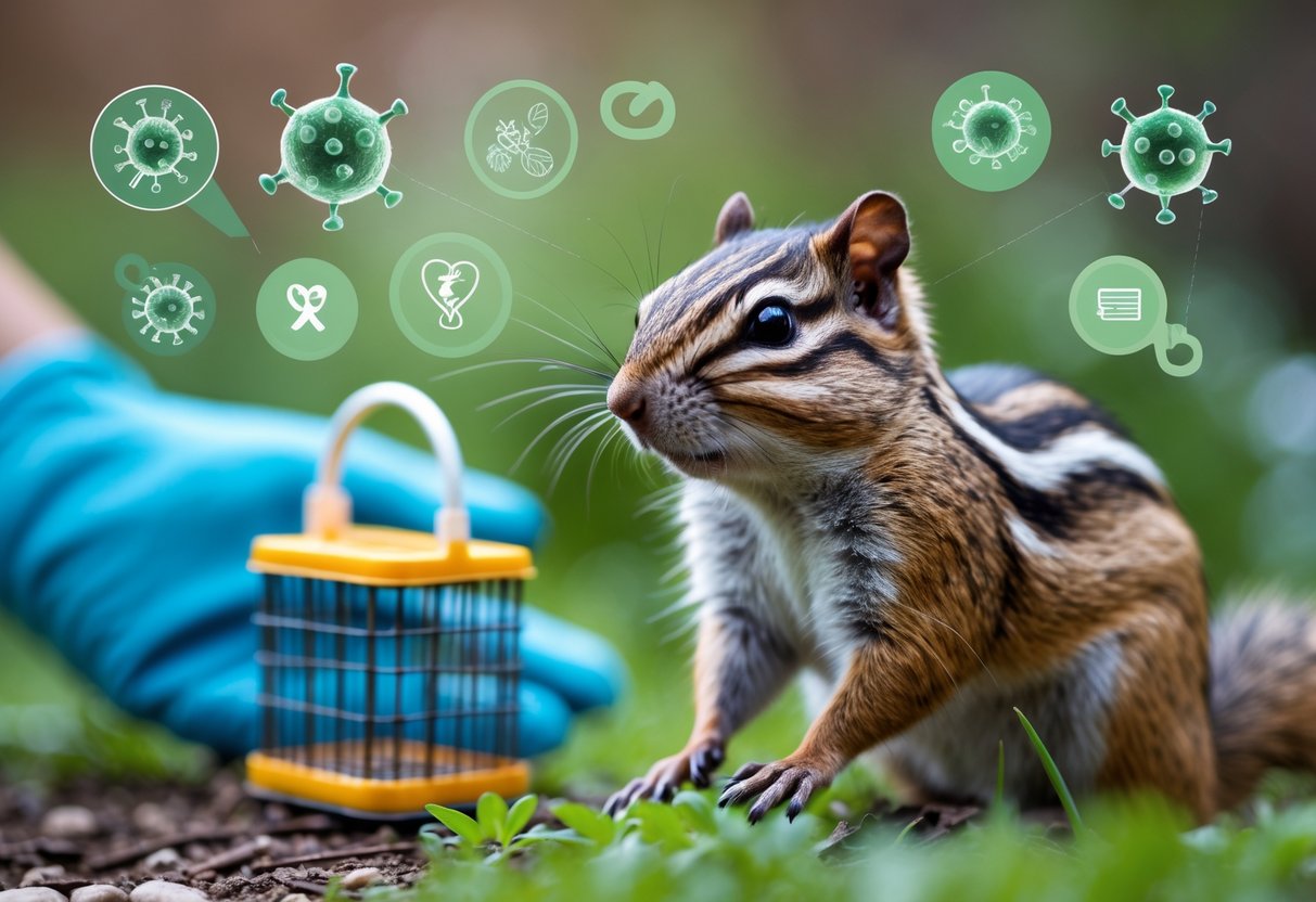 A chipmunk in a garden setting with a person wearing gloves handling humane pest control tools nearby.