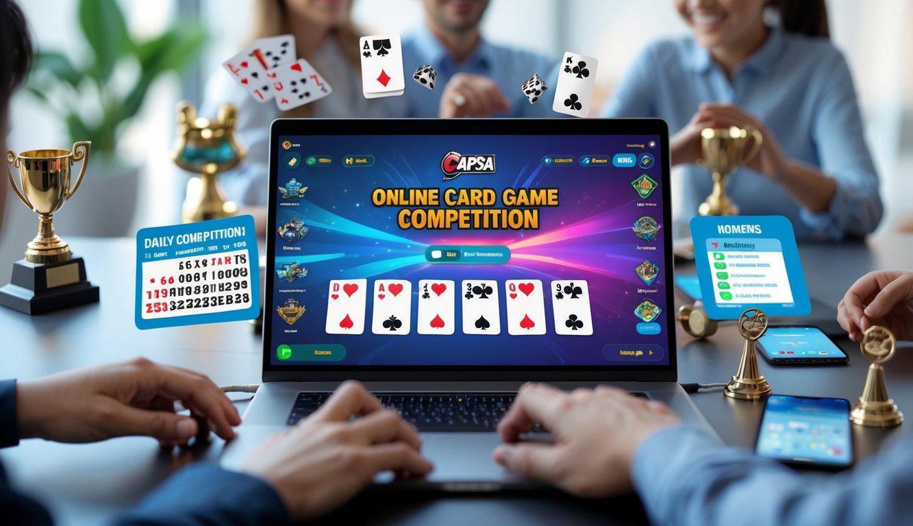 Suasana permainan kartu online dengan laptop yang menampilkan permainan Capsa dan elemen kompetisi harian di meja kerja.
