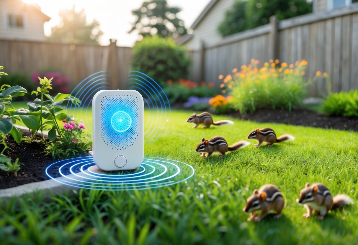 A backyard garden with a pest repeller device placed near flowers and no chipmunks visible.