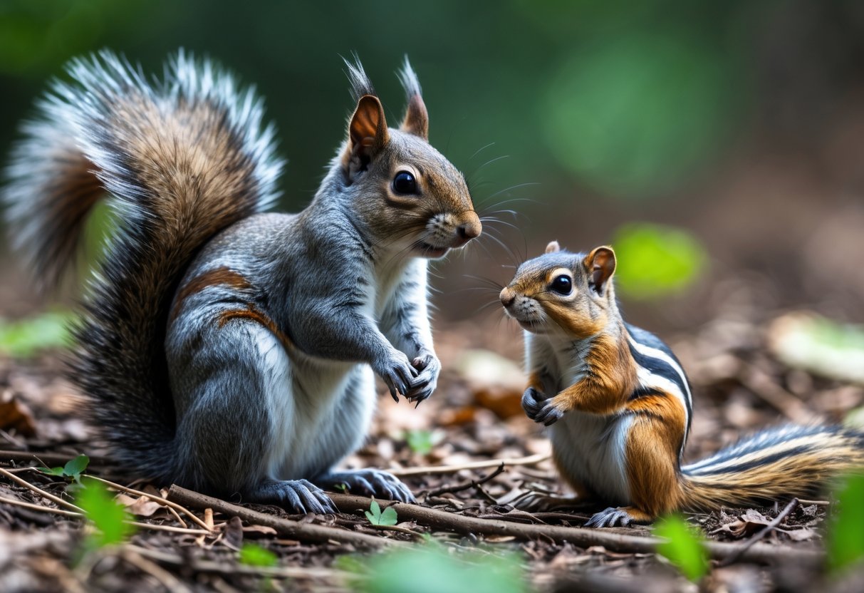A squirrel and a chipmunk sitting side by side on a forest floor, showing their different sizes and fur patterns.