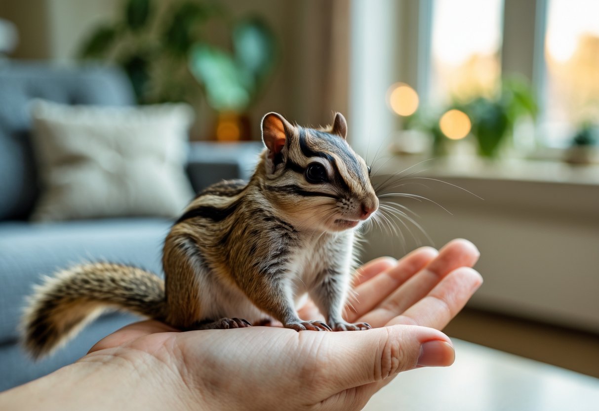 A chipmunk sitting on a person's hand inside a cozy living room.