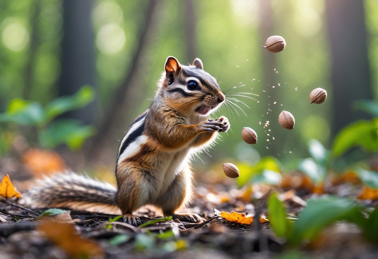 A chipmunk in a forest tossing small nuts with its paws among green leaves and autumn foliage.