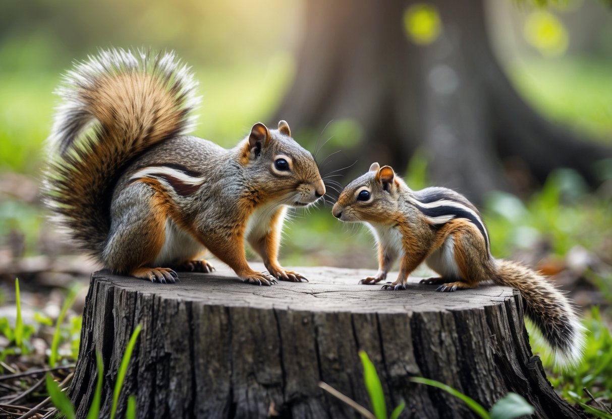 A ground squirrel and a chipmunk sitting side by side on a tree stump in a grassy outdoor area with trees in the background.