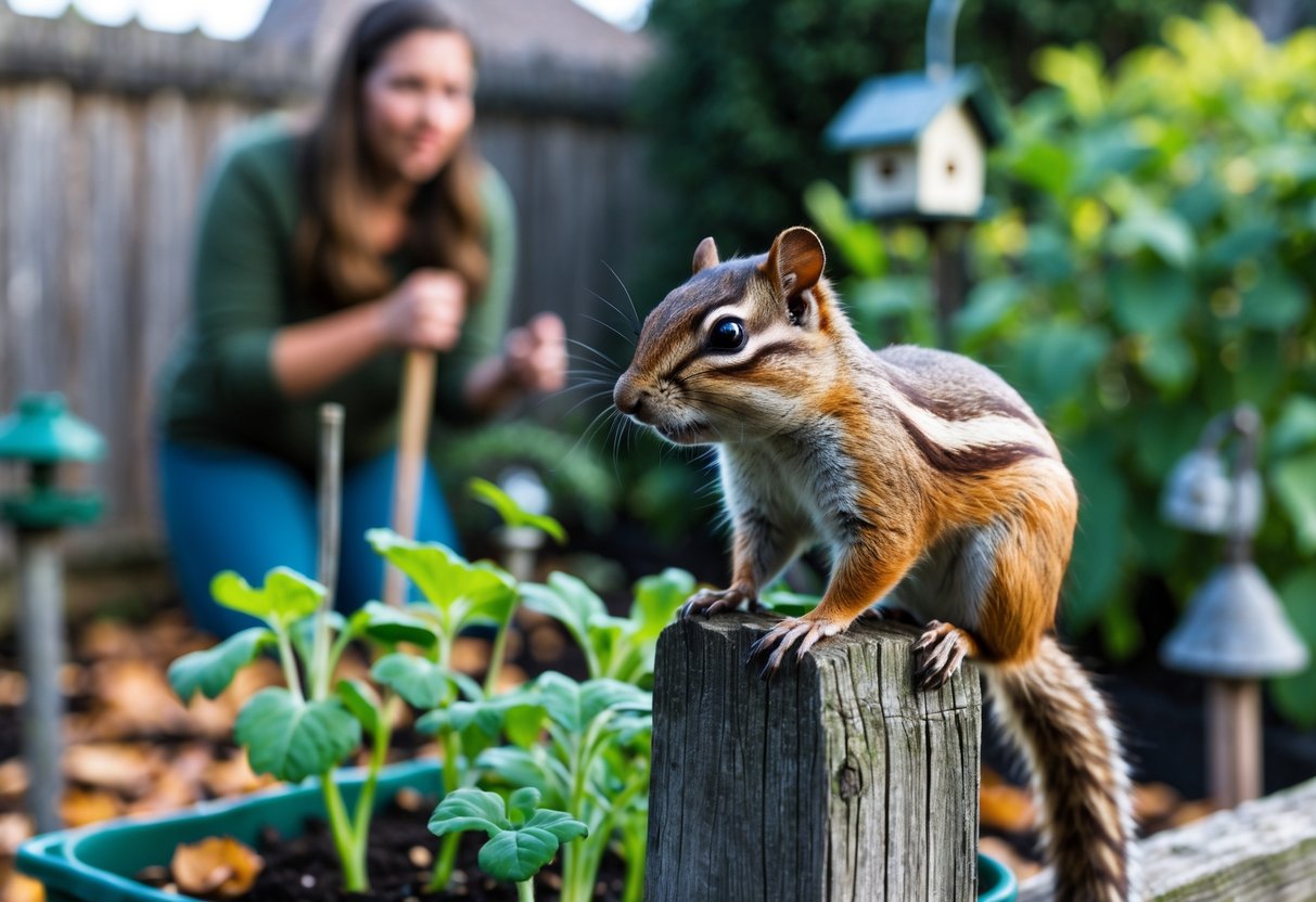A chipmunk sits on a wooden fence near a garden while a person looks at it with a frustrated expression.