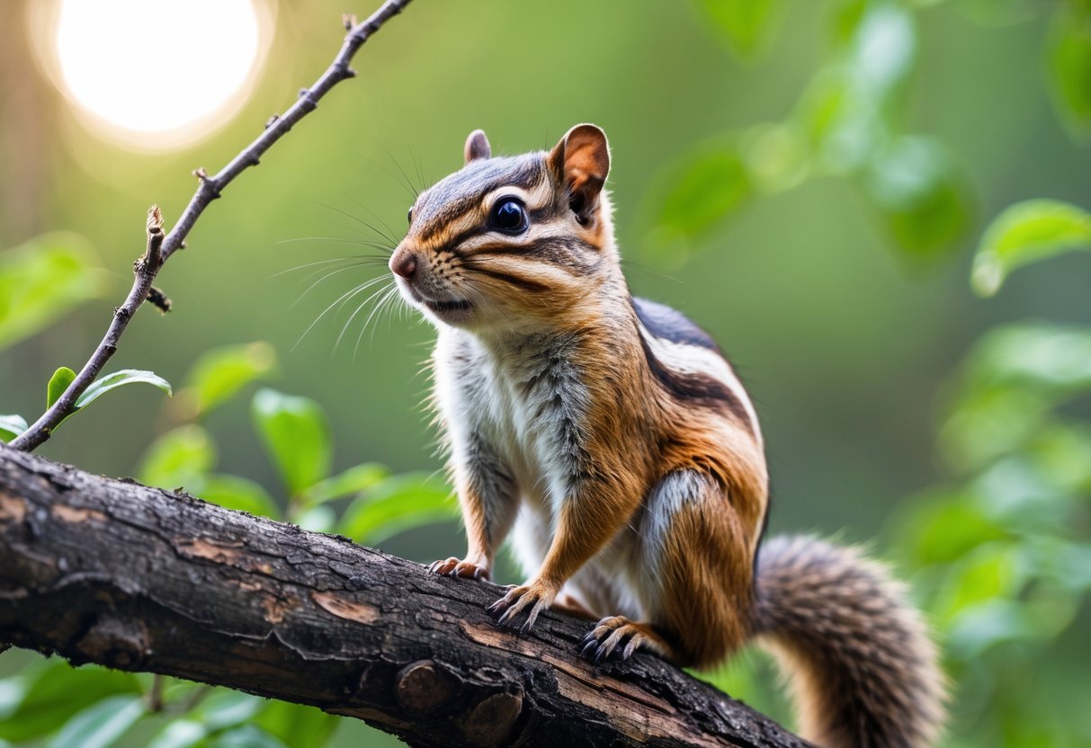 A chipmunk sitting on a tree branch in a forest.
