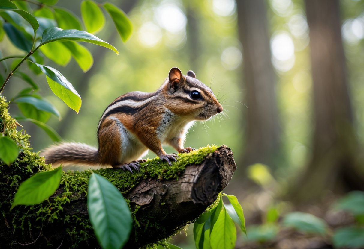 A chipmunk sitting on a mossy tree branch in a forest, looking ahead among green leaves and trees.
