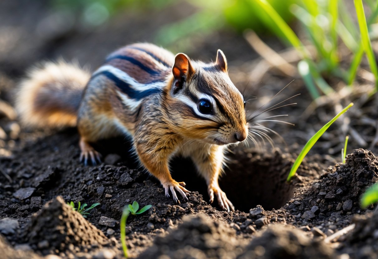 A chipmunk digging a hole in the ground with piles of dirt around it.