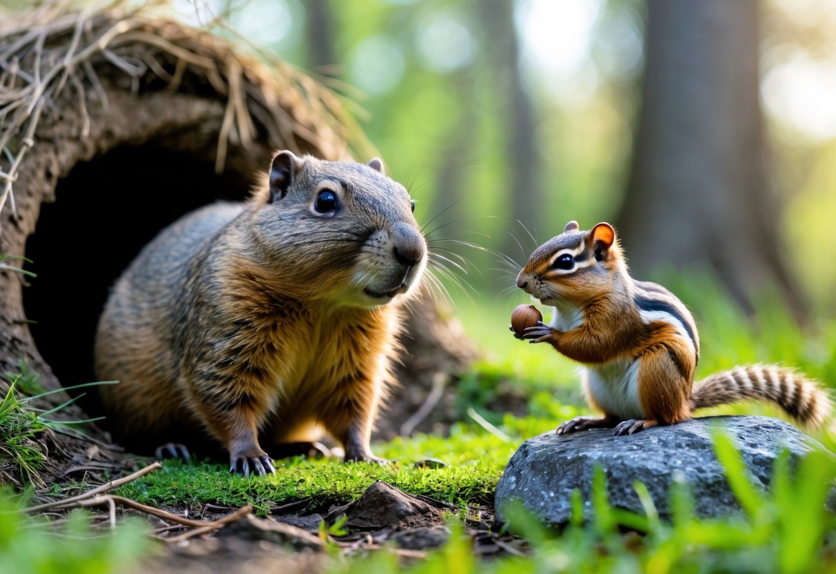 A woodchuck and a chipmunk side by side outdoors near grass and rocks with trees in the background.