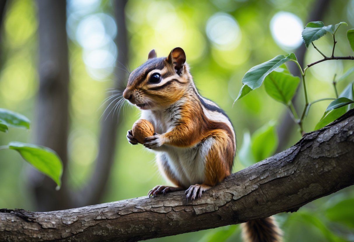 A chipmunk sitting on a tree branch in a forest holding a nut.