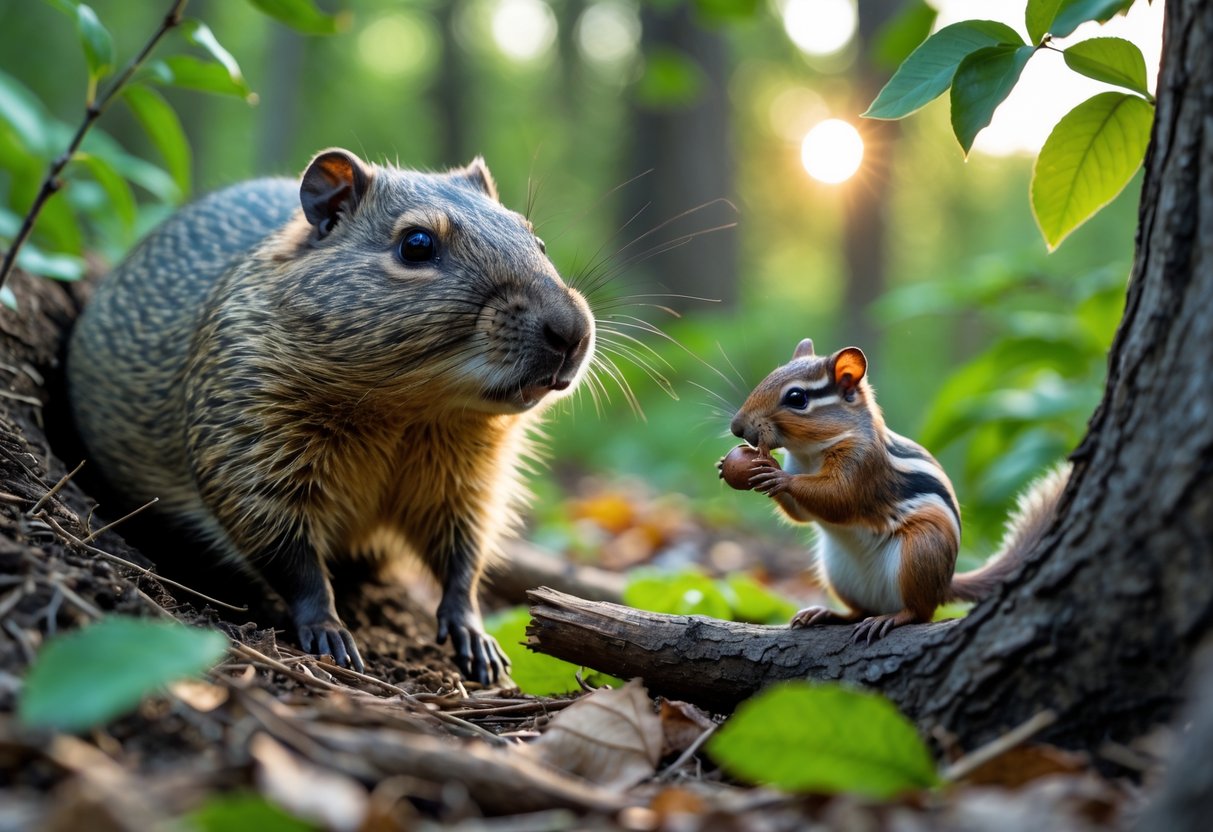A woodchuck emerging from its burrow and a chipmunk holding a nut on a tree branch in a forest setting.