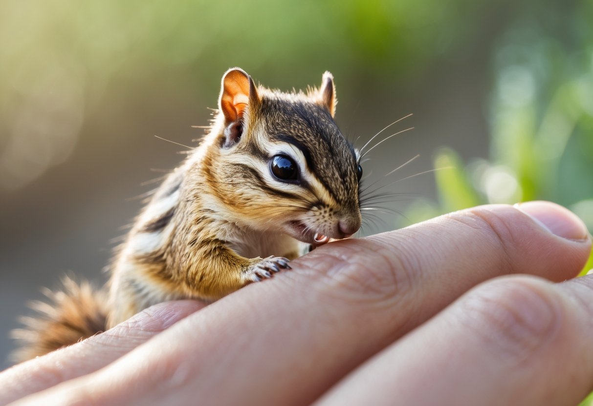 A chipmunk gently nibbling on a person's finger in a natural outdoor setting.