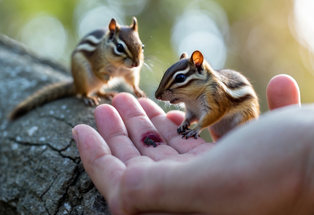 A close-up of a person's hand with a small chipmunk bite on the finger, with a chipmunk sitting on a branch in the blurred background.