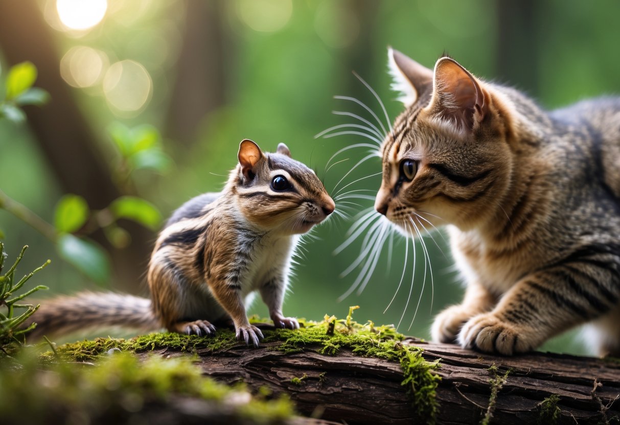 A chipmunk sitting on a mossy log in a forest with a cat nearby watching it.