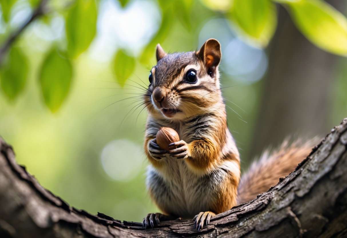 A chipmunk sitting on a tree branch holding a nut in a sunlit forest.
